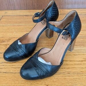Miz Mooz Black Leather Mary Jane Heels Boho Vintage Block Heel Size 8/38.5